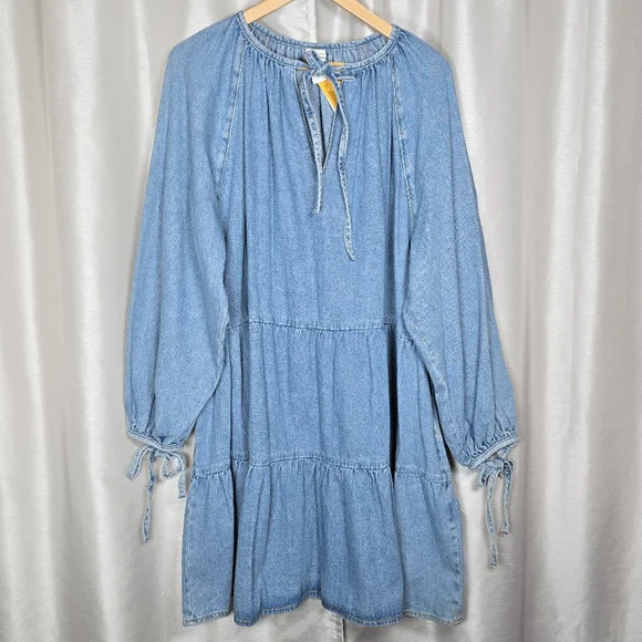 H&M Women's Denim Ruffle Tiered Babydoll Dress Oversized Puff Sleeves Blue  XL